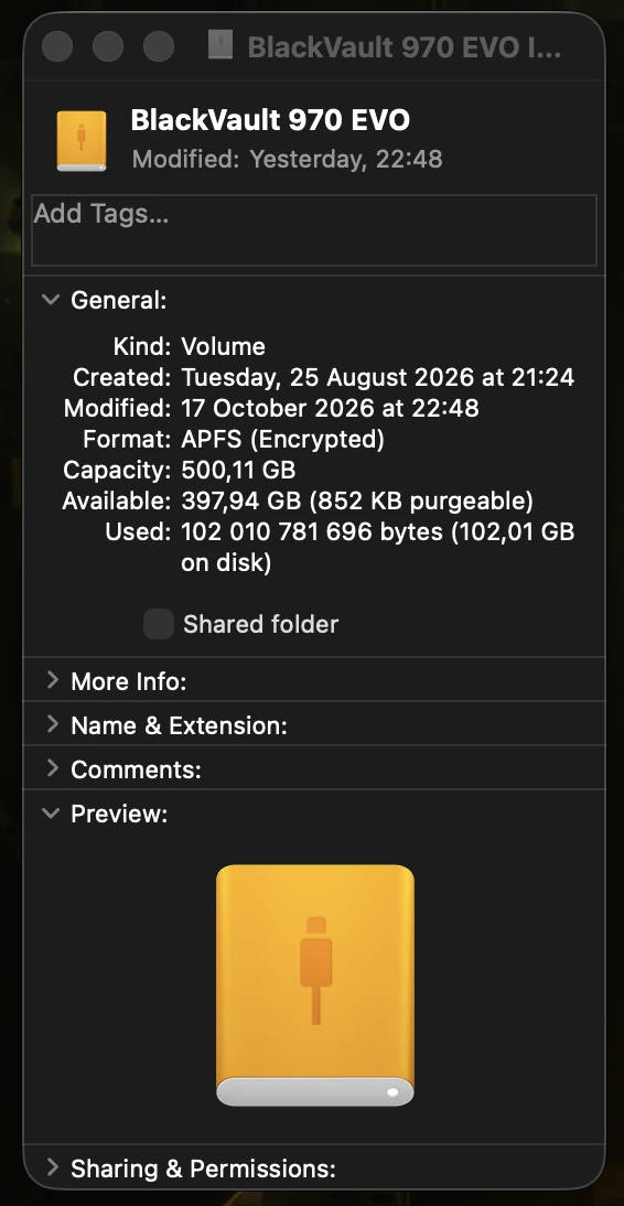 Finder Get Info for BlackVault 970 EVO: Kind Volume, Format APFS (Encrypted), Capacity 500.11 GB, Available 397.94 GB.