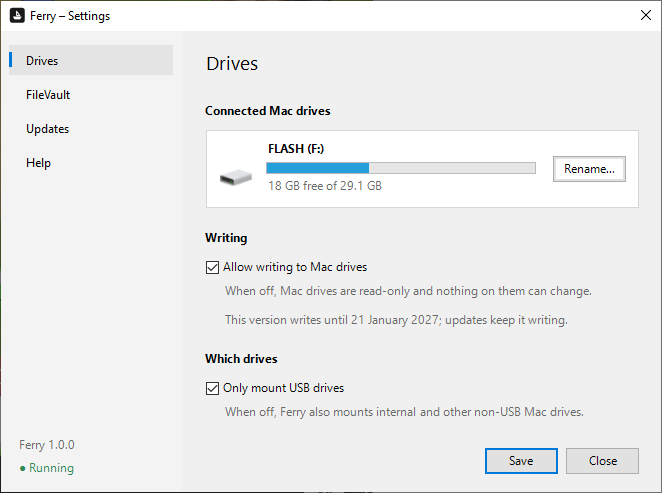Ferry Settings window with the pages Drives, FileVault, Updates and Help. Drives: connected Mac drive FLASH (F:), 18 GB free of 29.1 GB, with a Rename button; Allow writing to Mac drives; Only mount USB drives. Ferry 1.0.0, running.