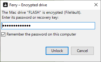 Dialog “Encrypted drive”: The Mac drive “FLASH” is encrypted (FileVault). Enter its password or recovery key. Remember the password on this computer. Unlock, Cancel.